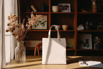 artistic tote jute bag mock up in a curated scandinavian studio setting with natural light and shadows in an artsy floral setting - ai generative art