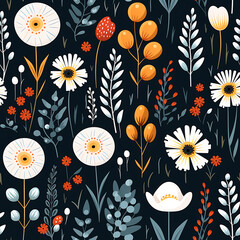Tiny wildflowers in watercolor style on a navy blue background. Seamless pattern. Endless tile. 