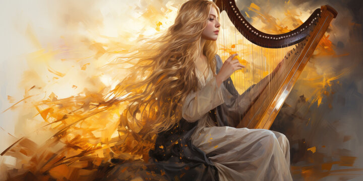 painting of a goddess is playing the harp, generative AI