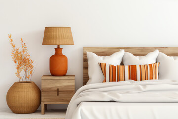 Brown and orange pillows on white bed in natural bedroom with wicker lamp and wooden bedside table, vase..