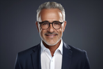 Happy mature businessman, wearing glasses, isolated on grey background. Smiling senior Latin man, looking at the camera, with ample copy space