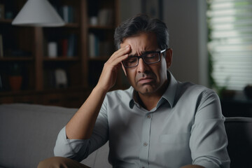 Frustrated man on couch, stressed Indian businessman with closed eyes, overworked Middle Eastern man with migraine..