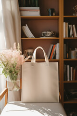 artistic tote jute bag mock up in a curated scandinavian studio setting with natural light and shadows in an artsy floral setting - ai generative art