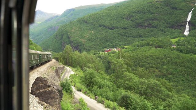 The Flam Railway one of the most beautiful train journeys in the world and is one of the leading tourist attractions in Norway. Driving plate. View through the window