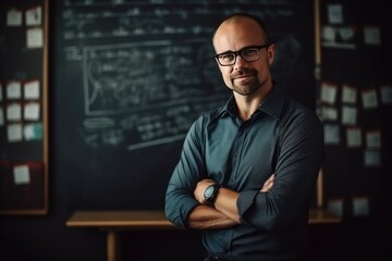 young caucasian teacher portrait with blackboard background