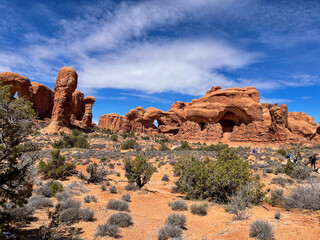 Moab, Utah, looking at the amazing rock formations created due to erosion from wind and water on the sandstone with Arches