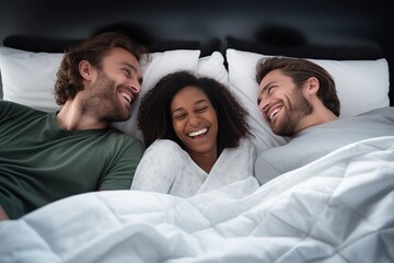 The concept of threesomes. The love of one woman and two men. Two men and a woman in the same bed. Polygamy or bigamy.