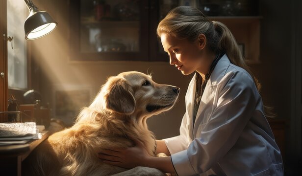 Beautiful Female Veterinarian Petting a Golden Retriever Dog. Healthy Pet on a Check Up Visit