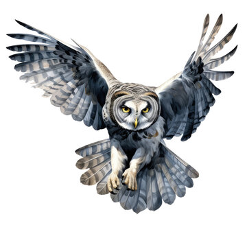 An enigmatic watercolor owl soaring gracefully through a night sky filled with shimmering stars, the owl's wings painted with a delicate blend of dark blues and silvery whites, Generative Ai