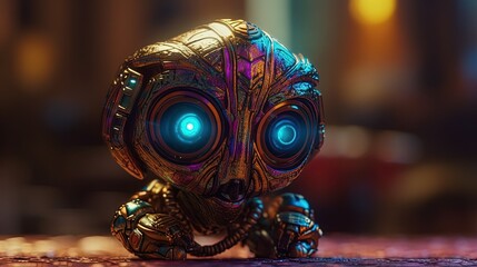 Futuristic little robot creature. Little extraterrestrial golden robot with glowing eyes. Generative AI