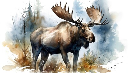 Moose. In style of watercolor illustration. Generative AI