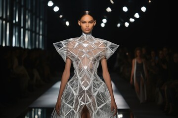 A model on a runway wearing an elegant dress made of diamonds. - obrazy, fototapety, plakaty