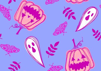 Autumn cartoon harvest vegetable seamless Halloween pumpkins and ghost pattern for wrapping paper and fabrics