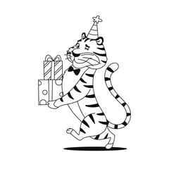 Coloring book. Happy cartoon tiger in party hat with presents on white background. Animal character for kids preschool art. Black and white outline worksheet design. Coloring page vector illustration.