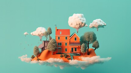 Floating island with house. Landscape. Turquoise background. Generative AI - obrazy, fototapety, plakaty