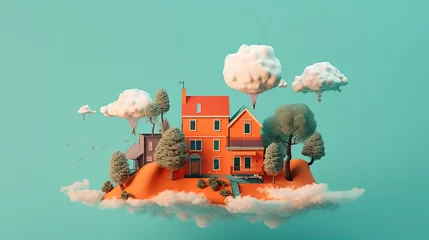 Fotobehang Floating island with house. Landscape. Turquoise background. Generative AI © Soulmate