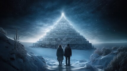 Couple standing in front of fantasy white pyramid. Winter. Generative AI