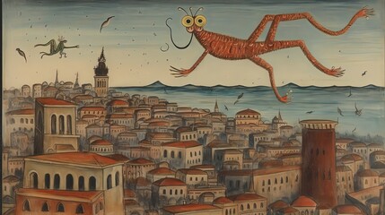 Surreal cat flying over city. Generative AI