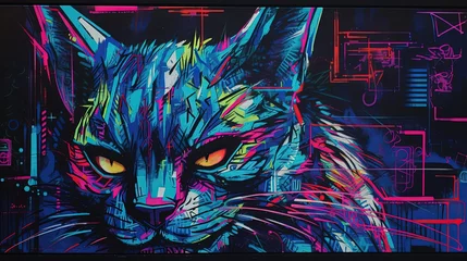  Neon colorful graffiti painting of a cat. Close-up.  Generative AI © Soulmate