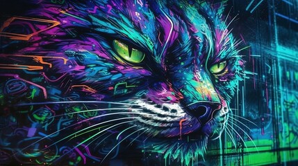 Neon colorful graffiti painting of a cat. Close-up.  Generative AI