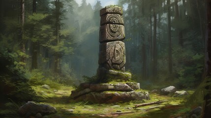 Fototapeta na wymiar Giant Celtic stone totem in forest. In style of oil painting illustration. Generative AI