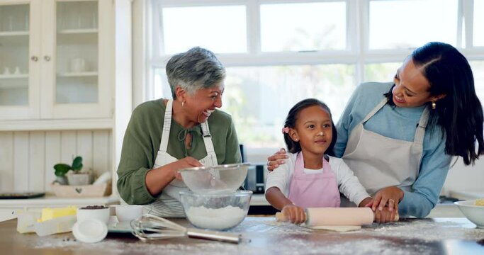 Grandmother, mother and girl baking in kitchen for lunch, breakfast and prepare meal together. Happy family, bake and grandma, mom and child at home with ingredients for bonding, quality time or love