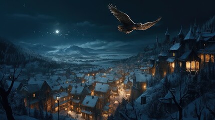 Owl flying over the city. Generative AI