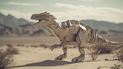 Paper t-rex dinosaur. Paper tyrannosaurus in desert. Generative AI