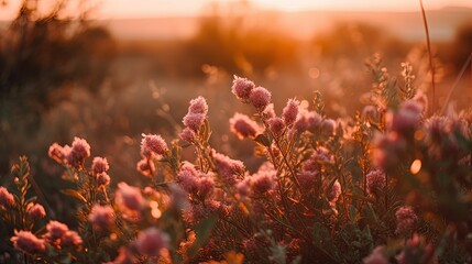 Obraz na płótnie Canvas Pink flowers and sunset. Generative AI