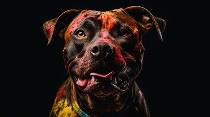 Dog with vibrant paint on fur. Black background. Generative AI