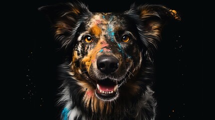 Dog with vibrant paint on fur. Black background. Generative AI