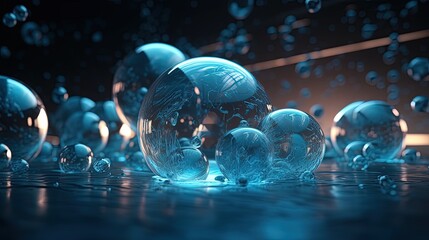 Futuristic blue glass spheres. Bubbles. Generative AI