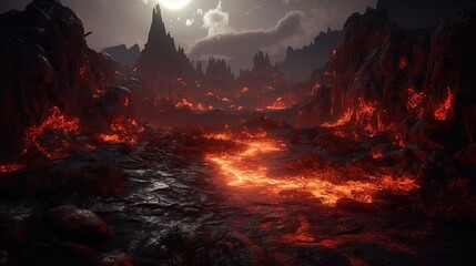 Lava world. Landscape with lava. Hell. Generative AI