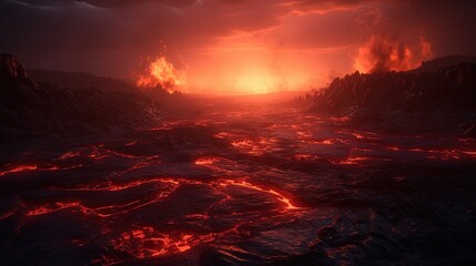 Lava world. Landscape with lava. Hell. Generative AI