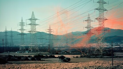 Landscape with transmission towers and with peach haze. Generative AI
