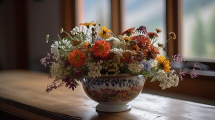 Still life of a vibrant bouquet of flowers. Wildflowers in vase. Generative AI