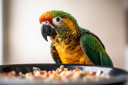 A colourful parrot eating, nutrition concept, generative AI