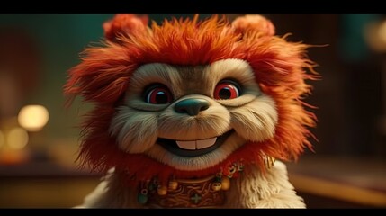 Fototapeta premium Cartoon Chinese Guangdong lion. Cartoon lion character. Generative AI