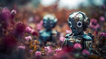 Obraz na płótnie Canvas Two little robot figurines in flowers. Generative AI