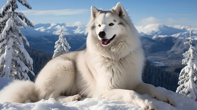 Siberian husky dog looking at clear blue sky and majestic winter mountain. Husky dog at the top of mountain looking at snow-covered mountain