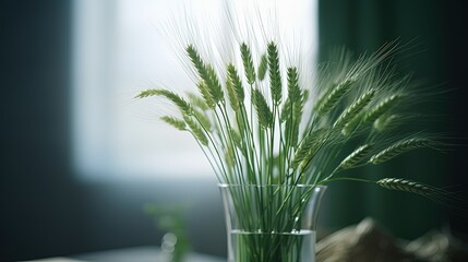 Green wheat stalks in glass vase at home. Generative AI