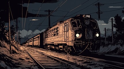 Naklejka premium Train on the track at night. Comic style. Generative AI