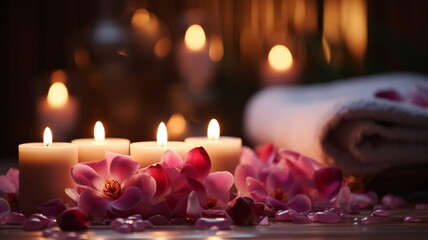 spa concept cozy atmosfear,soft candle blurred light,beautiful tropical flowers