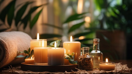 Fototapeta na wymiar spa concept cozy atmosfear,soft candle blurred light,beautiful tropical flowers