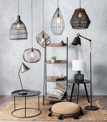 a set of different types of lamps for home decoration atop a neutral-colored carpet, creating an...