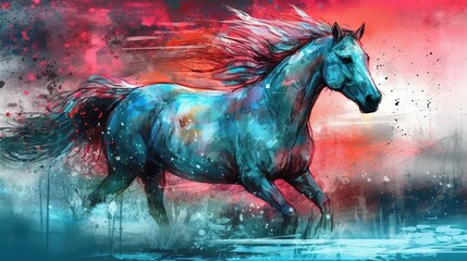 Obraz na płótnie Canvas Running horse. Red and blue. In style of watercolor illustration. Generative AI