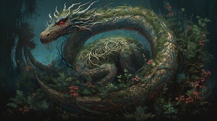 Fototapeta na wymiar Dragon with ornate scales. Chinese green dragon. Generative AI