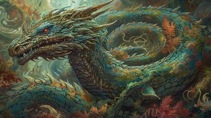 Obraz premium Dragon with ornate scales. Chinese green dragon. Generative AI