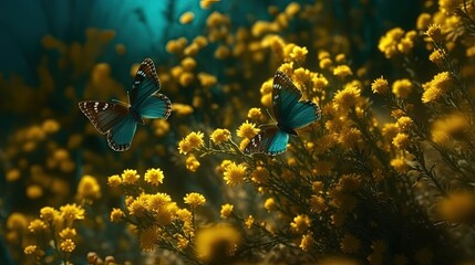 Yellow flowers with blue butterflies. Generative AI
