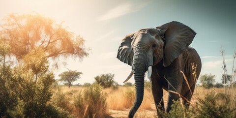 Elephant Gazing into the Image in Front of an African Savannah, Offering Copyspace, Inviting You to Embark on a Safari Adventure Amidst the Stunning African Jungle Landscape